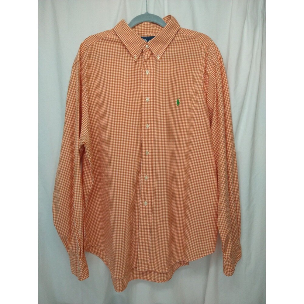 Ralph Lauren Shirt Mens XXL Orange Gingham Check Green Pony Button Down